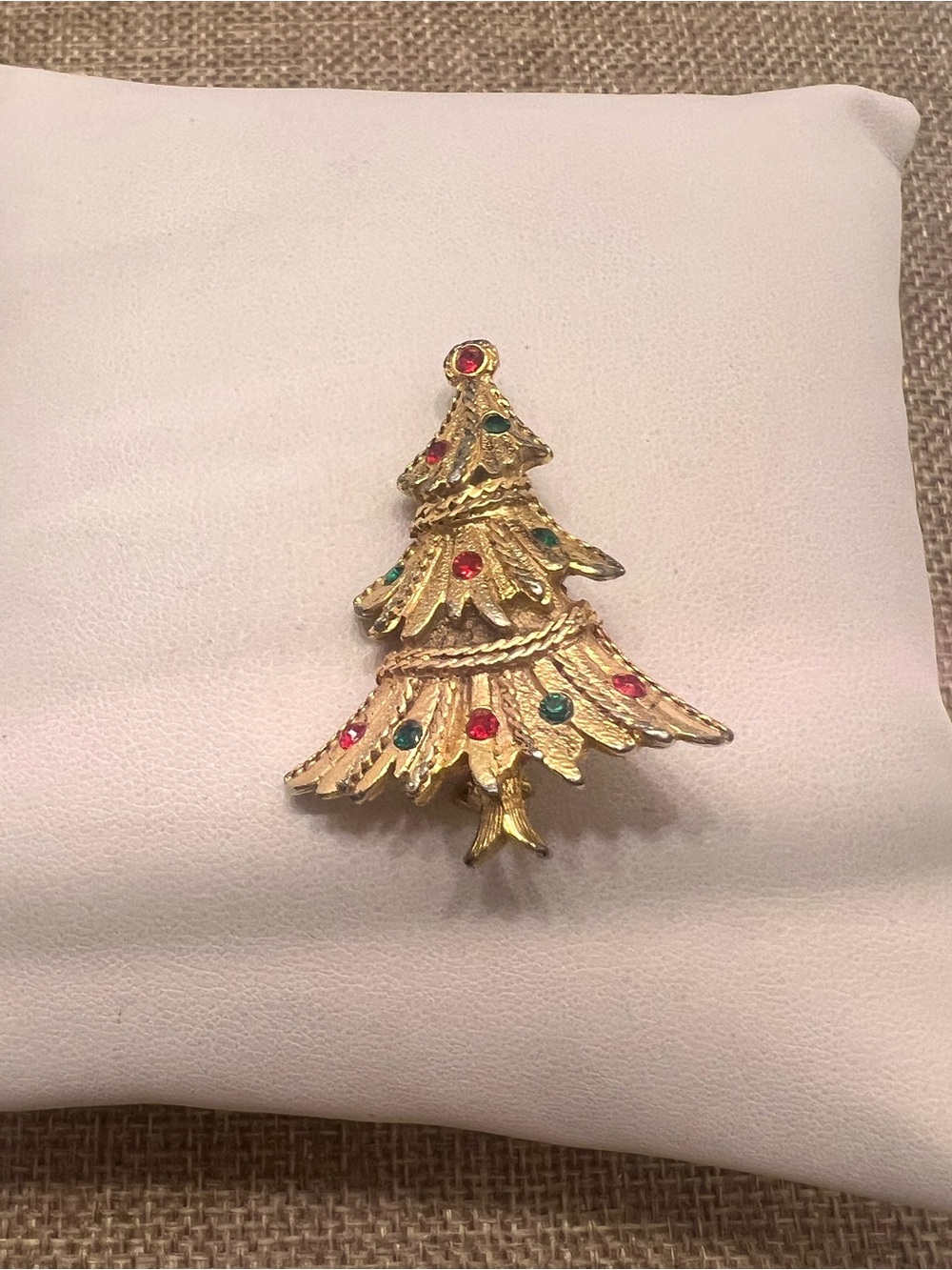 Gold-Tone Christmas Tree Brooch with Red & Green Accents